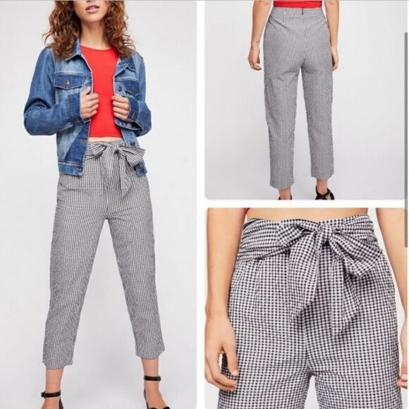 Free People Westside Gingham Seersucker Tie Waist Pant Black White - Picture 12 of 12